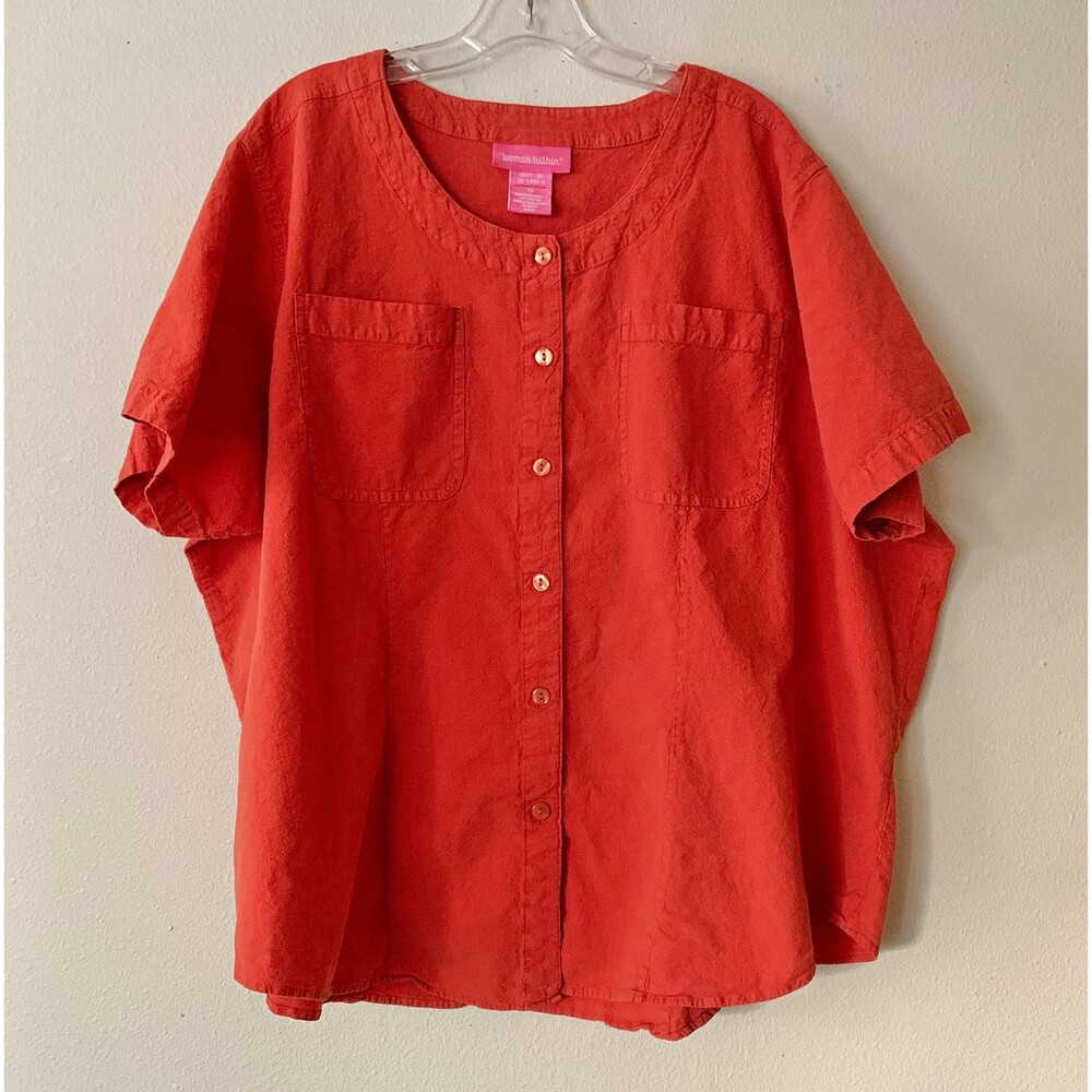 Woman Within Women’s Orange Short Sleeve Top Cotton Button-Up Blouse 3X